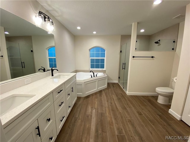 full bathroom featuring vanity, toilet, plus walk in shower, and hardwood / wood-style flooring