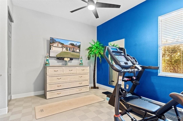 workout room with ceiling fan