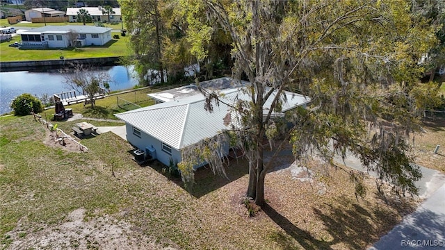 aerial view featuring a water view