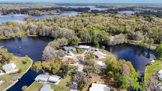 drone / aerial view featuring a water view and a forest view