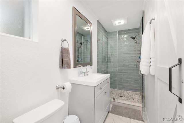 2310 N Watersedge Dr, Crystal River, FL 34429 - bathroom featuring vanity, marble finish floors, and a shower stall