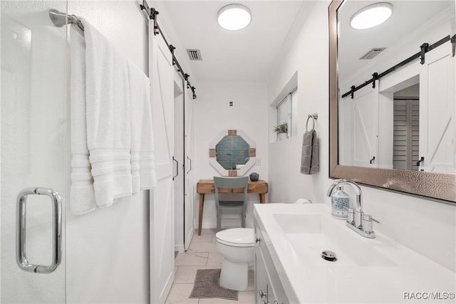 2310 N Watersedge Dr, Crystal River, FL 34429 - bathroom with marble look tiles, vanity, crown molding, and a shower with door