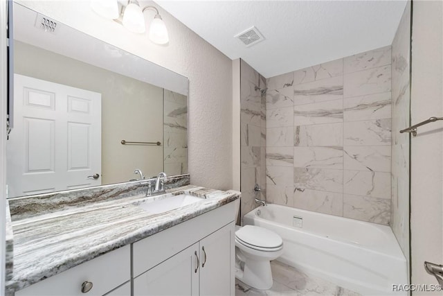 full bath with bathtub / shower combination, visible vents, a textured wall, toilet, and vanity