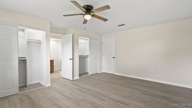 unfurnished bedroom featuring ceiling fan and light hardwood / wood-style flooring