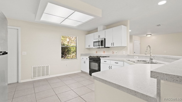 kitchen featuring black range, sink, white cabinetry, and kitchen peninsula