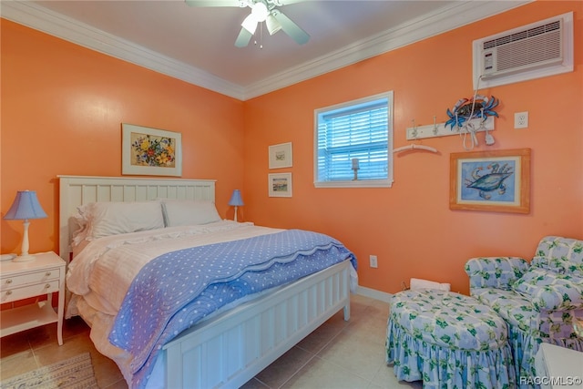 tiled bedroom featuring ceiling fan, an AC wall unit, and crown molding