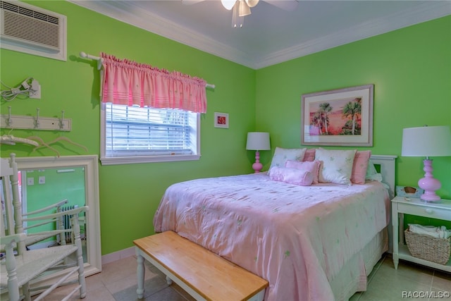 tiled bedroom with a wall mounted AC, ceiling fan, and crown molding