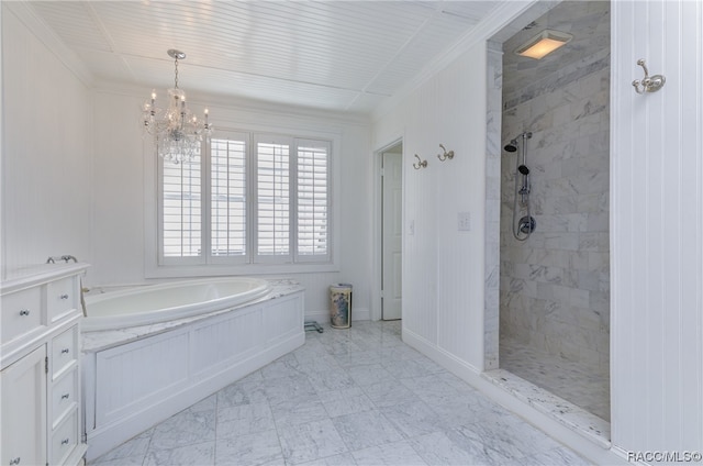 bathroom featuring a notable chandelier, ornamental molding, and independent shower and bath