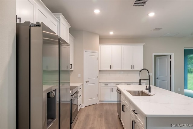 kitchen with sink, decorative backsplash, appliances with stainless steel finishes, light hardwood / wood-style floors, and white cabinetry