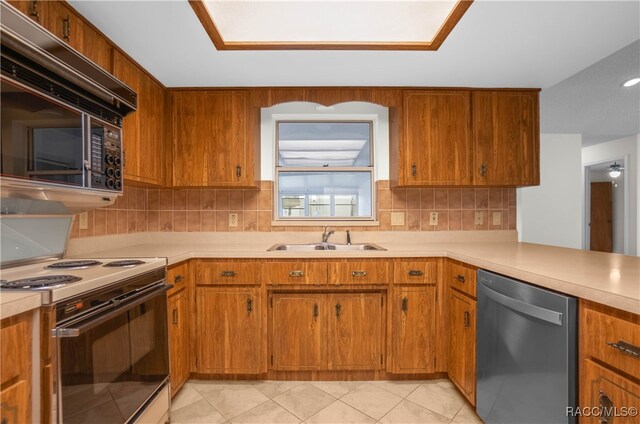 kitchen with stainless steel dishwasher, white electric range, sink, and tasteful backsplash