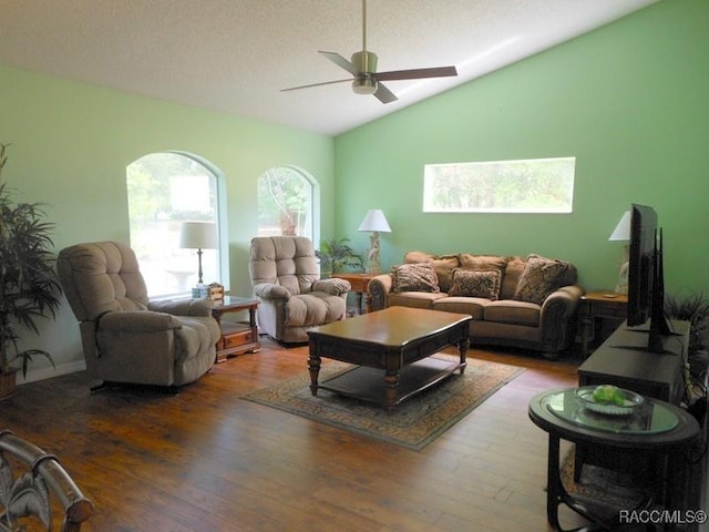 141 W Forest Oak Pl, Beverly Hills, FL 34465 - living area featuring wood finished floors, a textured ceiling, lofted ceiling, and ceiling fan