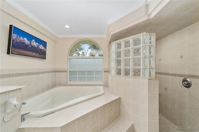 bathroom with separate shower and tub and crown molding