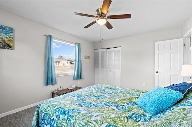 bedroom featuring carpet flooring, a closet, and ceiling fan