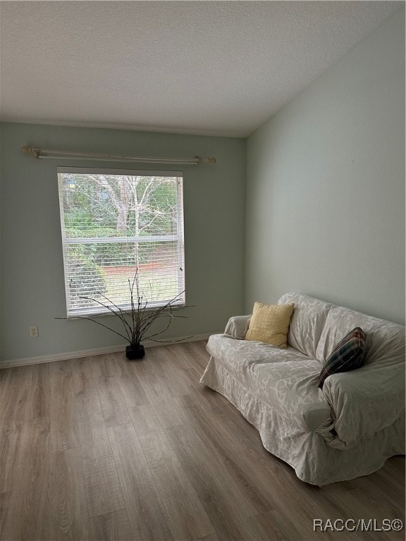 sitting room with light hardwood / wood-style floors and a textured ceiling