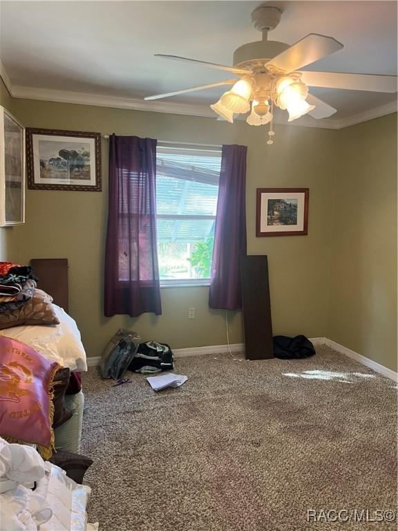 bedroom featuring carpet flooring, ceiling fan, and ornamental molding