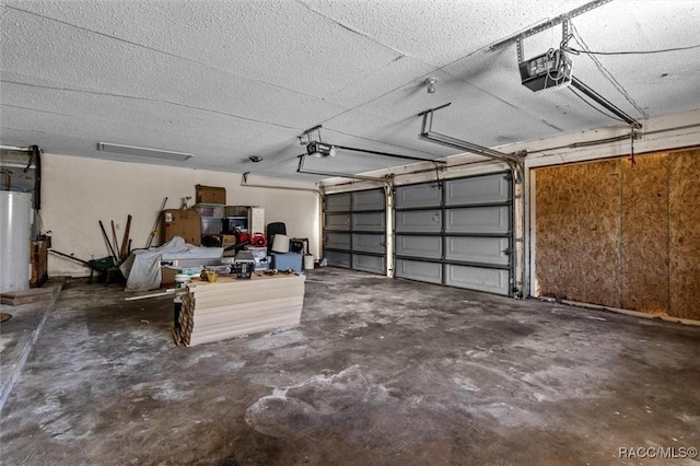 garage with a garage door opener and water heater