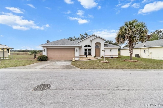 view of front of property featuring stucco siding, concrete driveway, an attached garage, a front yard, and cooling unit