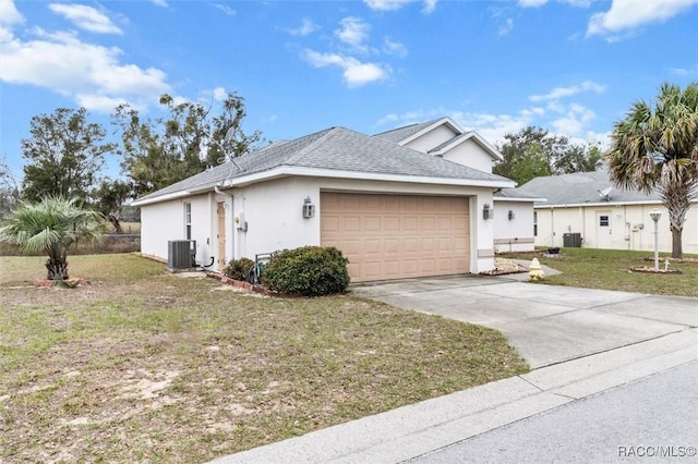 single story home featuring a garage, central AC unit, concrete driveway, a front yard, and stucco siding