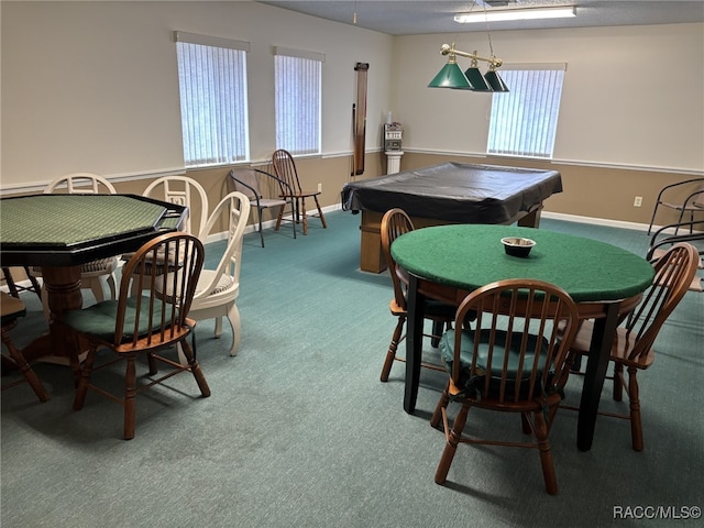 rec room featuring carpet floors, pool table, and baseboards