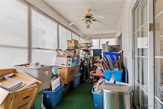 storage area featuring a ceiling fan