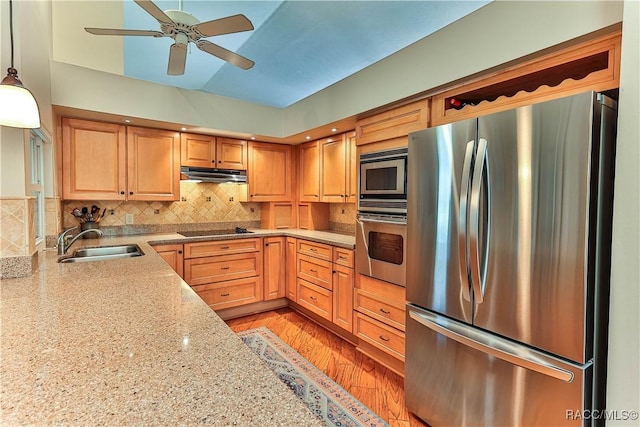 kitchen with under cabinet range hood, a sink, hanging light fixtures, appliances with stainless steel finishes, and decorative backsplash