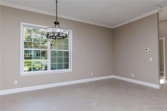 unfurnished room with baseboards, a chandelier, and crown molding