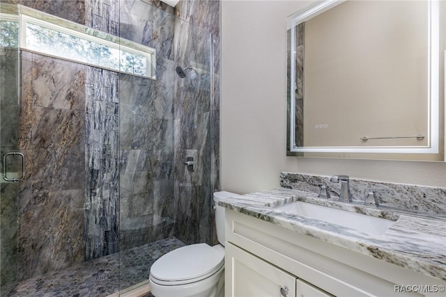 bathroom featuring a shower stall, toilet, and vanity