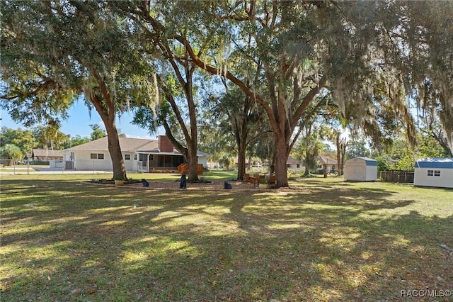 view of yard with a storage shed