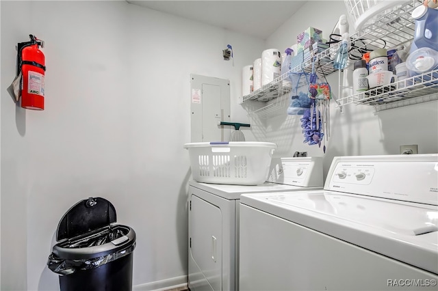 washroom with washing machine and dryer and electric panel