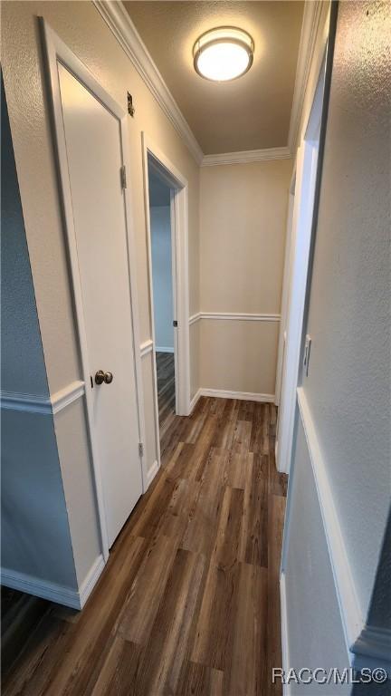 hallway with dark hardwood / wood-style flooring and ornamental molding