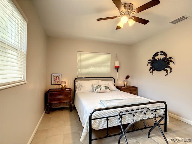 bedroom featuring ceiling fan, visible vents, and baseboards