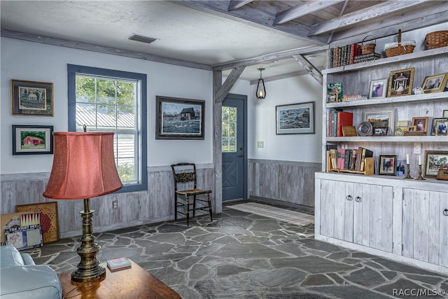 living area with a wainscoted wall, wooden walls, stone floors, and plenty of natural light