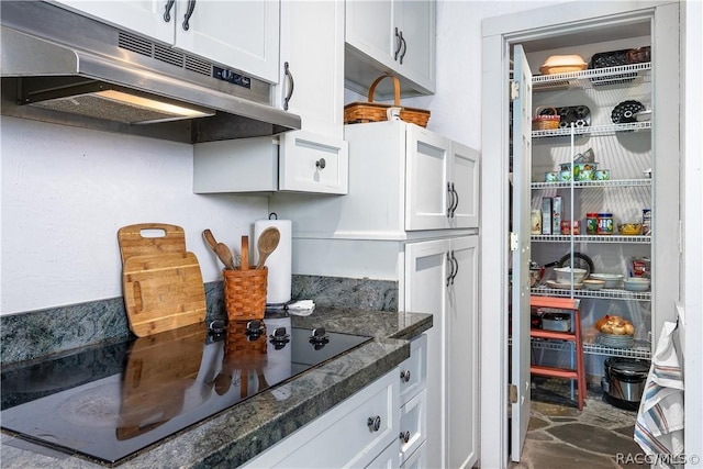 4210 W Horseshoe Dr, Beverly Hills, FL 34465 - kitchen featuring under cabinet range hood, black electric stovetop, white cabinets, and dark stone counters