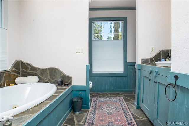 4210 W Horseshoe Dr, Beverly Hills, FL 34465 - full bathroom with a wainscoted wall, vanity, a jetted tub, and stone finish flooring