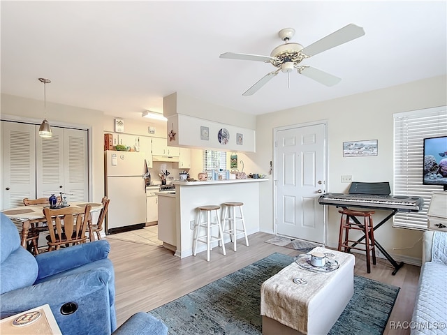 living room with ceiling fan and light hardwood / wood-style floors