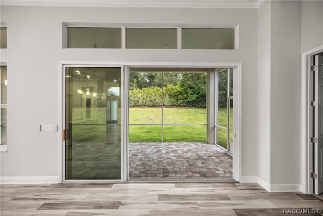 doorway to outside featuring plenty of natural light, ornamental molding, and light hardwood / wood-style flooring