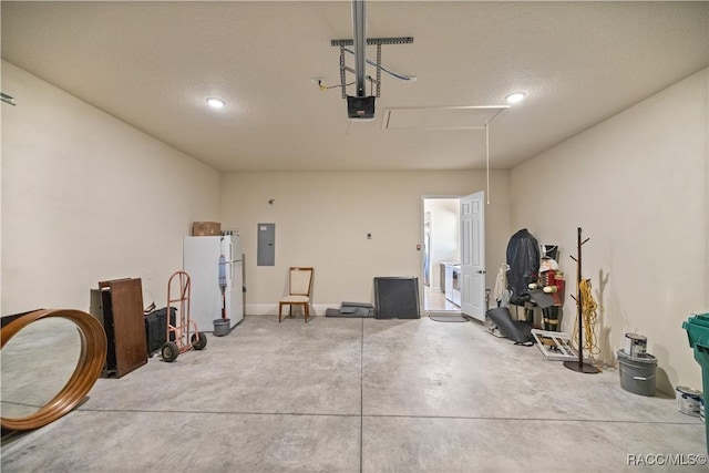 garage featuring white fridge, a garage door opener, and electric panel