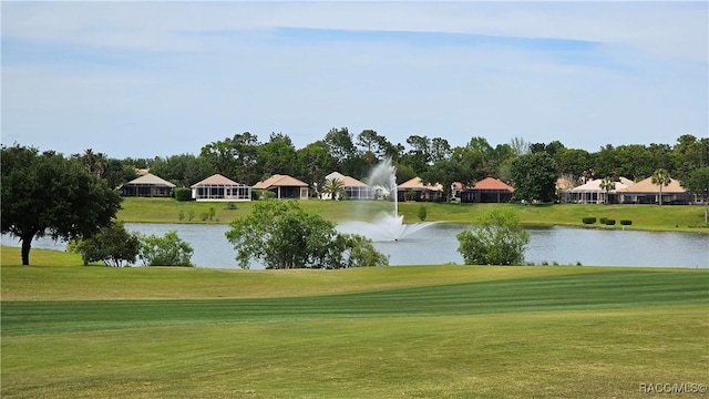 view of home's community with a yard and a water view