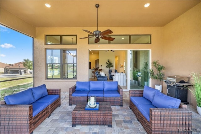 view of patio featuring outdoor lounge area, a grill, and ceiling fan