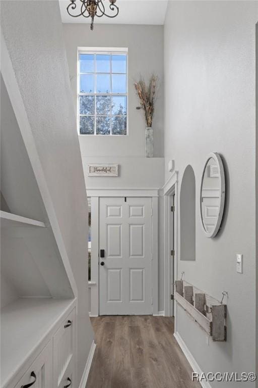 entrance foyer with wood-type flooring and an inviting chandelier