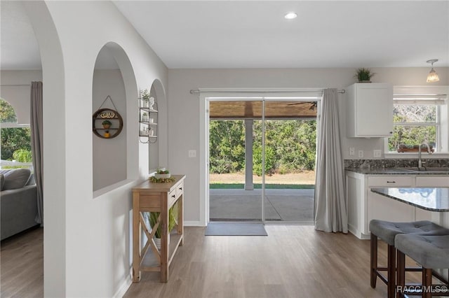 doorway to outside featuring light hardwood / wood-style flooring and sink