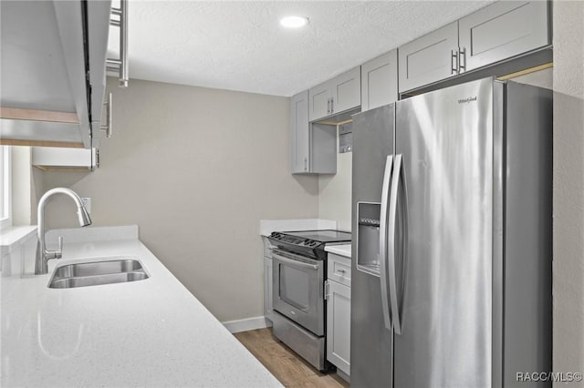 1 Taft St, Beverly Hills, FL 34465 - kitchen with appliances with stainless steel finishes, gray cabinetry, a sink, light wood-style flooring, and a textured ceiling