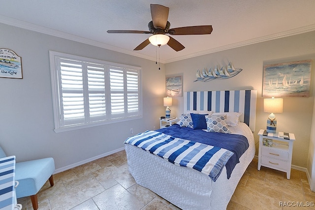 bedroom featuring ceiling fan and ornamental molding