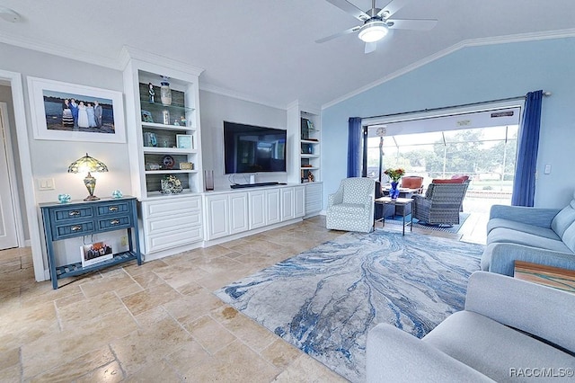 living room featuring lofted ceiling, built in shelves, ornamental molding, and ceiling fan