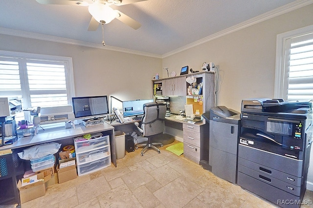 office space featuring a textured ceiling, ceiling fan, and ornamental molding