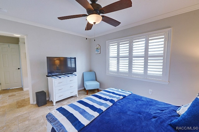 bedroom featuring ceiling fan and crown molding