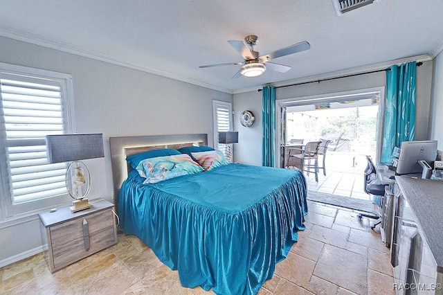 bedroom featuring crown molding, access to outside, and ceiling fan