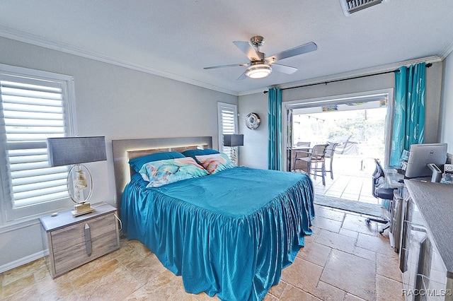 bedroom with multiple windows, ceiling fan, and ornamental molding