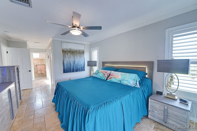 bedroom with ensuite bathroom, ceiling fan, and ornamental molding