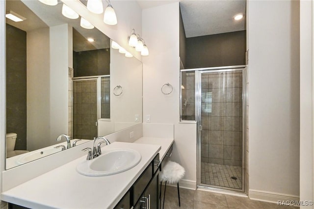 bathroom featuring tile patterned floors, toilet, an enclosed shower, and vanity